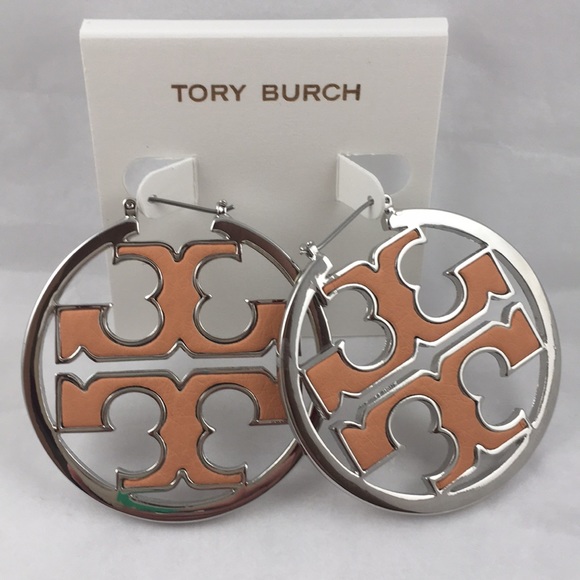Tory Burch Miller Hoop Silver/Orange Logo Earrings - Picture 7 of 7